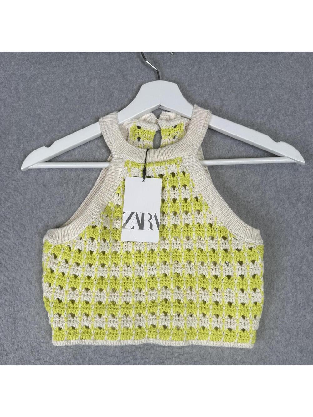 Zara Girls Knit Tank Top Size 9-10 Girls Neon Green And Cream Sleeveless